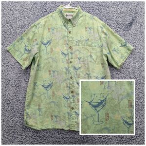 Columbia River Lodge Tiki Marlin Button Down Shirt Size L Fishing Vacation Green